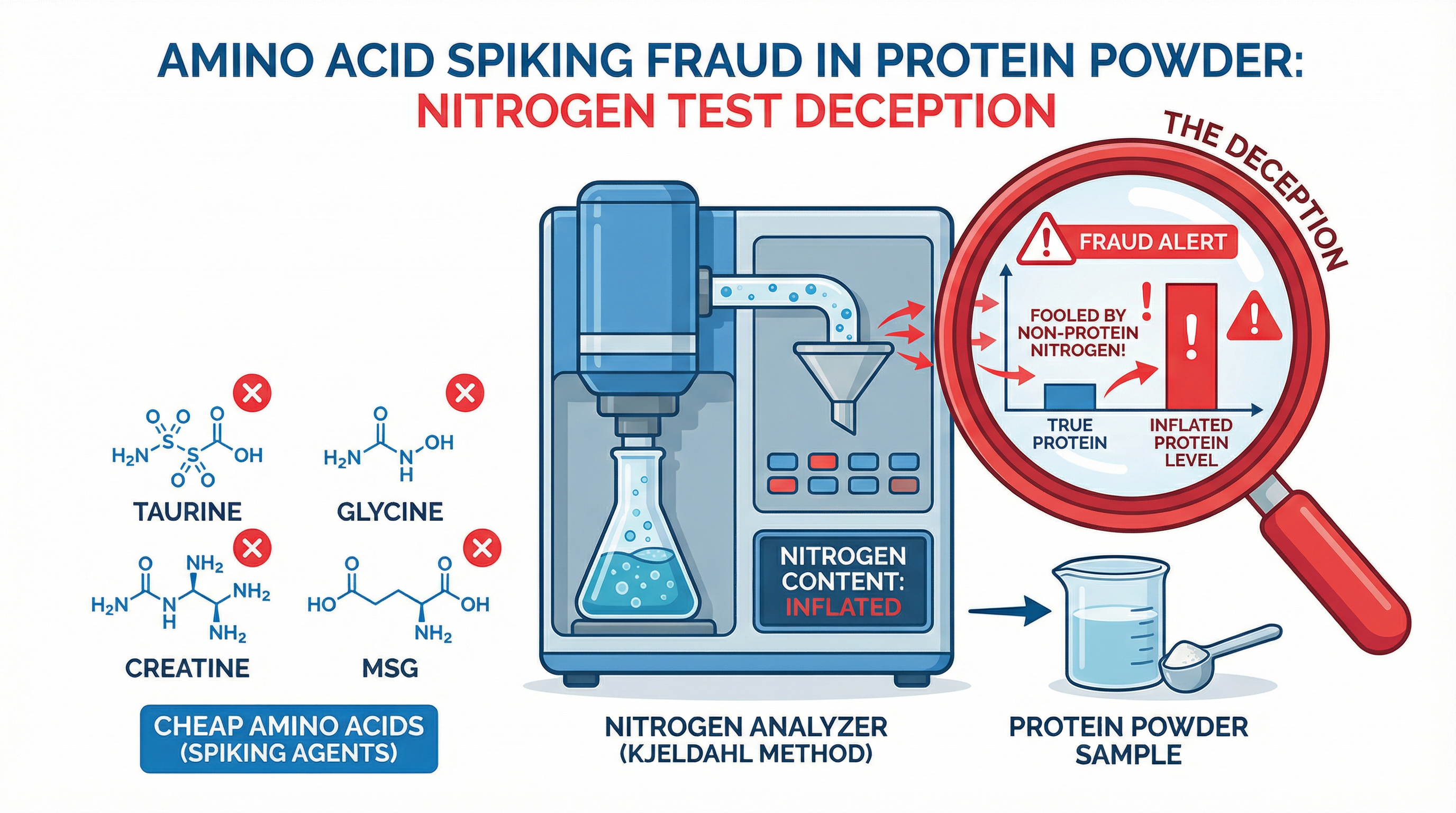Amino acid spiking fraud diagram - nitrogen test deception