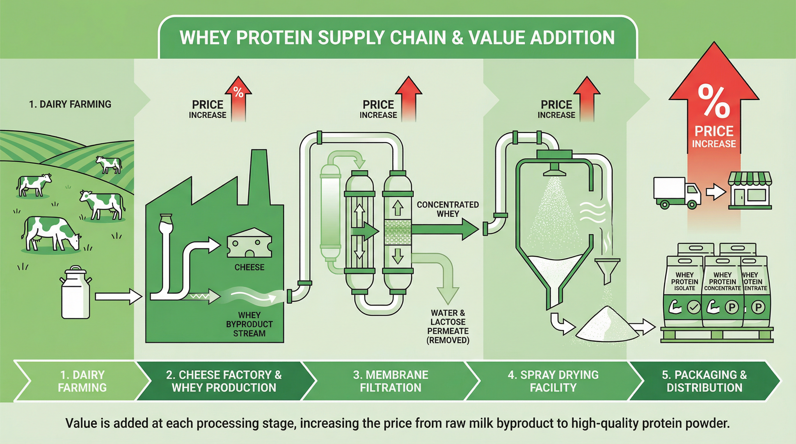 Whey protein supply chain and cost increase diagram