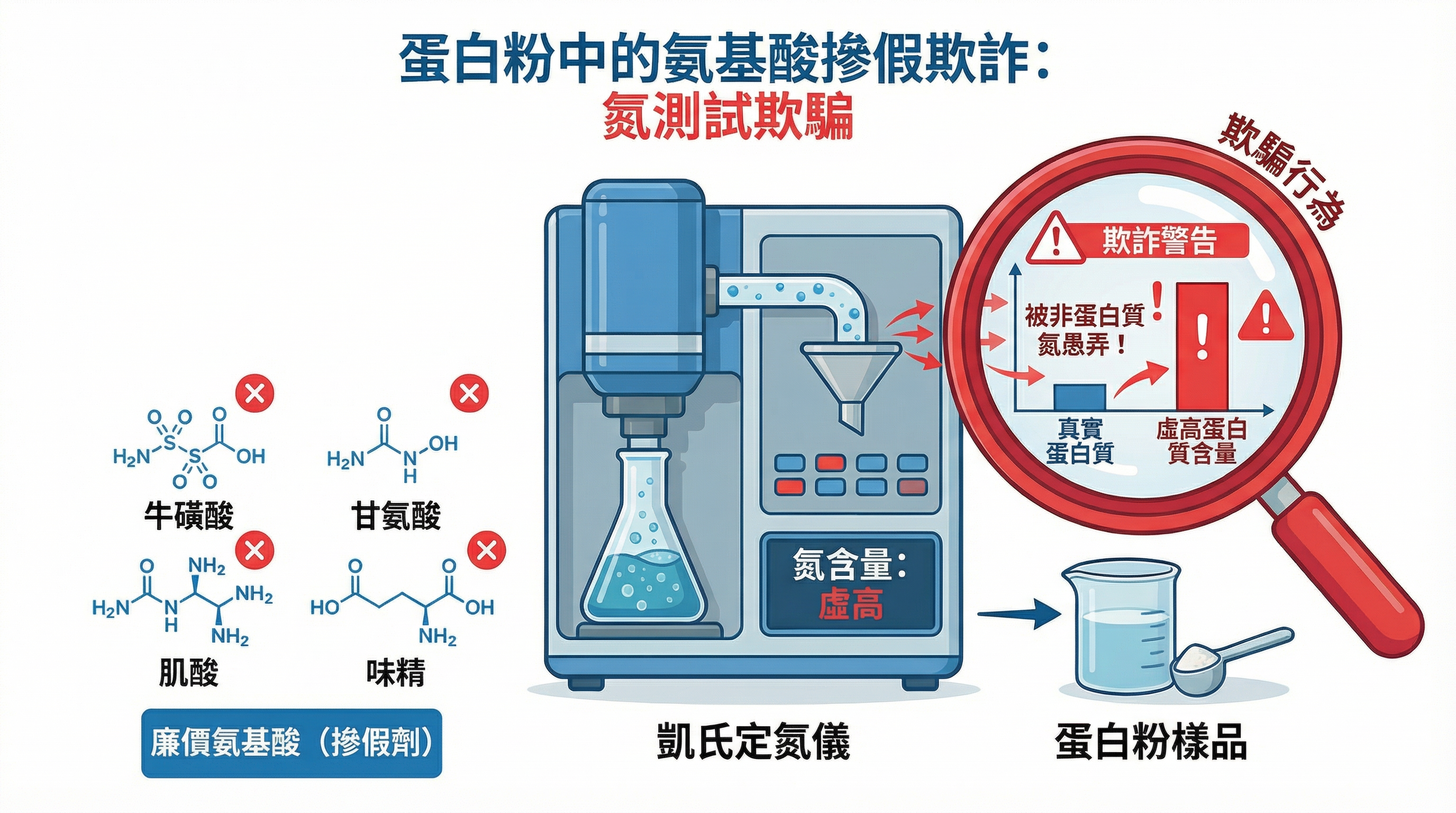 氨基酸摻假欺詐示意圖 - 氮測試欺騙
