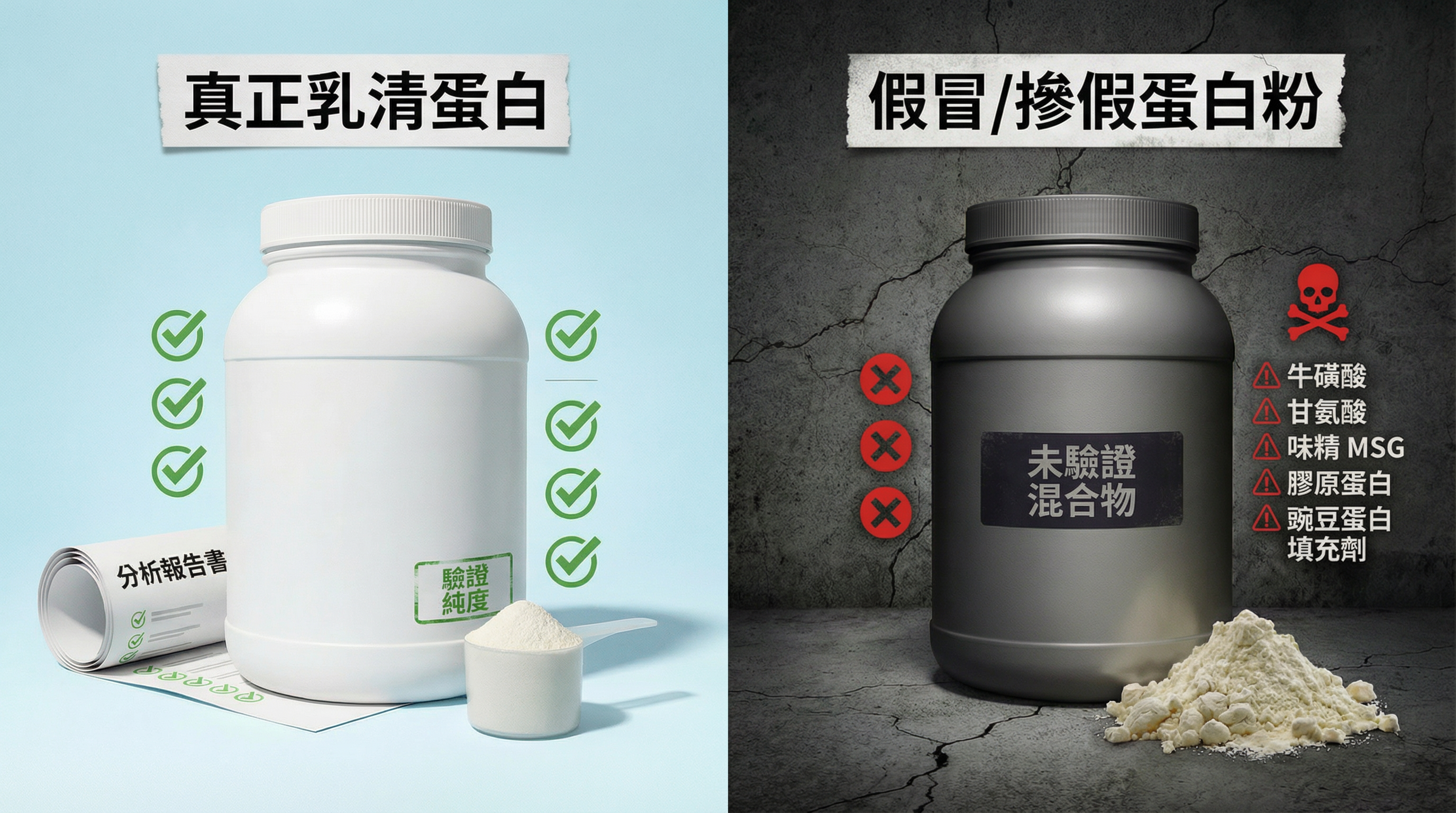真正乳清蛋白與假冒摻假蛋白粉對比